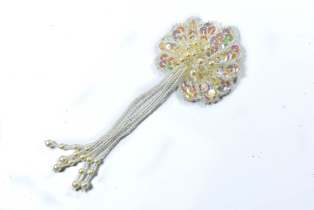 Multi Color Sequin Flower Applique with Pearls | Sequins Flower Applique with Droopy Pearls | Beaded Sequin Flower Applique