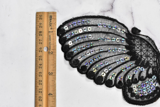 Sequin Butterfly Applique | Sew on Butterfly Applique | Hologram Butterfly with Sequin | Butterfly Applique | Black Butterfly 10" x 4.50" | Target Trim