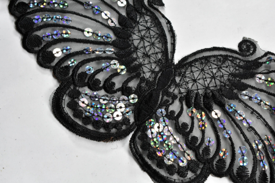 Sequin Butterfly Applique | Sew on Butterfly Applique | Hologram Butterfly with Sequin | Butterfly Applique | Black Butterfly 10" x 4.50" | Target Trim