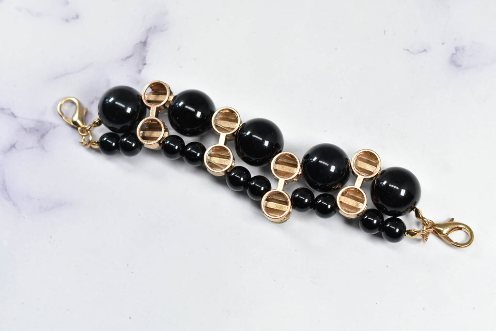 Rhinestone Connector - Black Stone Connector - Beaded Rhinestone Connector - Black and Gold