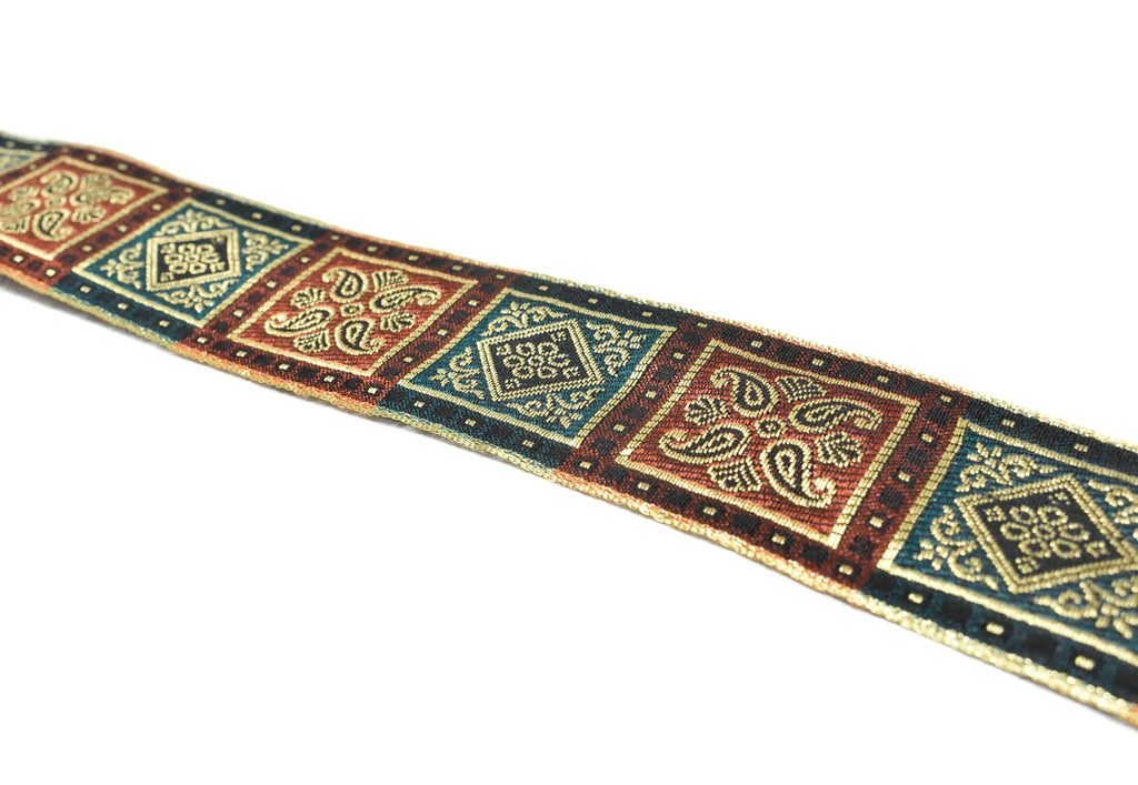 Burgundy and Teal Jacquard Ribbon 2.70" - 1 Yard