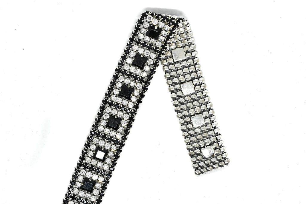 Black/Clear Rhinestone Trim with Silver Cupping 1" - 1 Yard