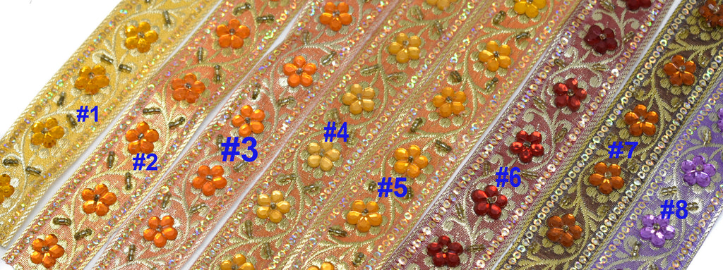 Sequins Embroidered Floral Indian Trim 1" - 1 Yard