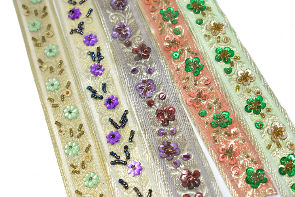 Sequins Beaded Embroidered Floral Indian Trim 1.125"- 1 Yard