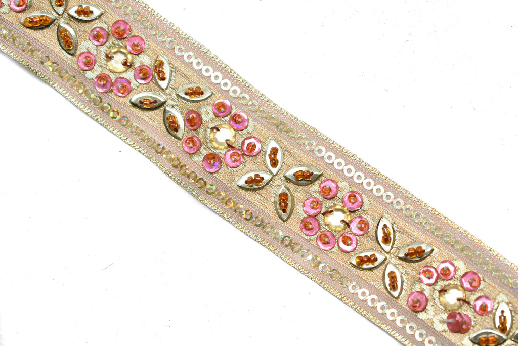 Gold Sequins and Pink Beaded Floral Mesh Trim 1.25"- 1 Yard