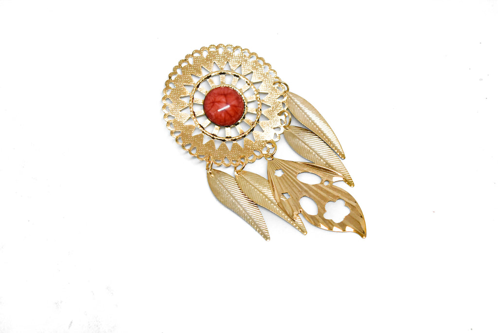 Gold Metal Feather and Leaf Pendant with Marble