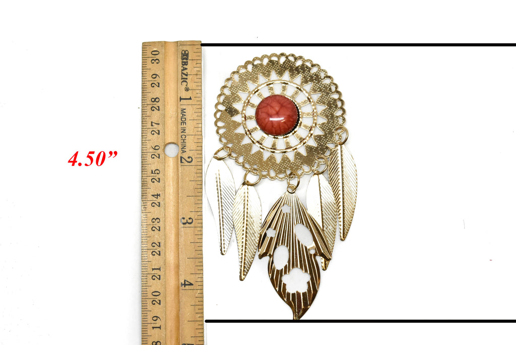 Gold Metal Feather and Leaf Pendant with Marble