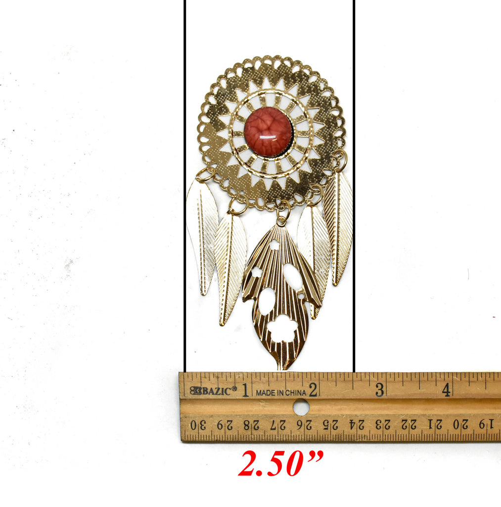 Gold Metal Feather and Leaf Pendant with Marble