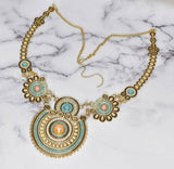 Gold & Teal Beaded Necklace with Pearls