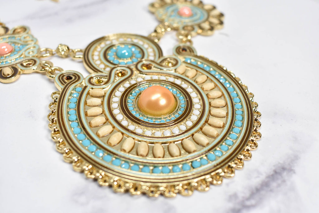 Gold & Teal Beaded Necklace with Pearls