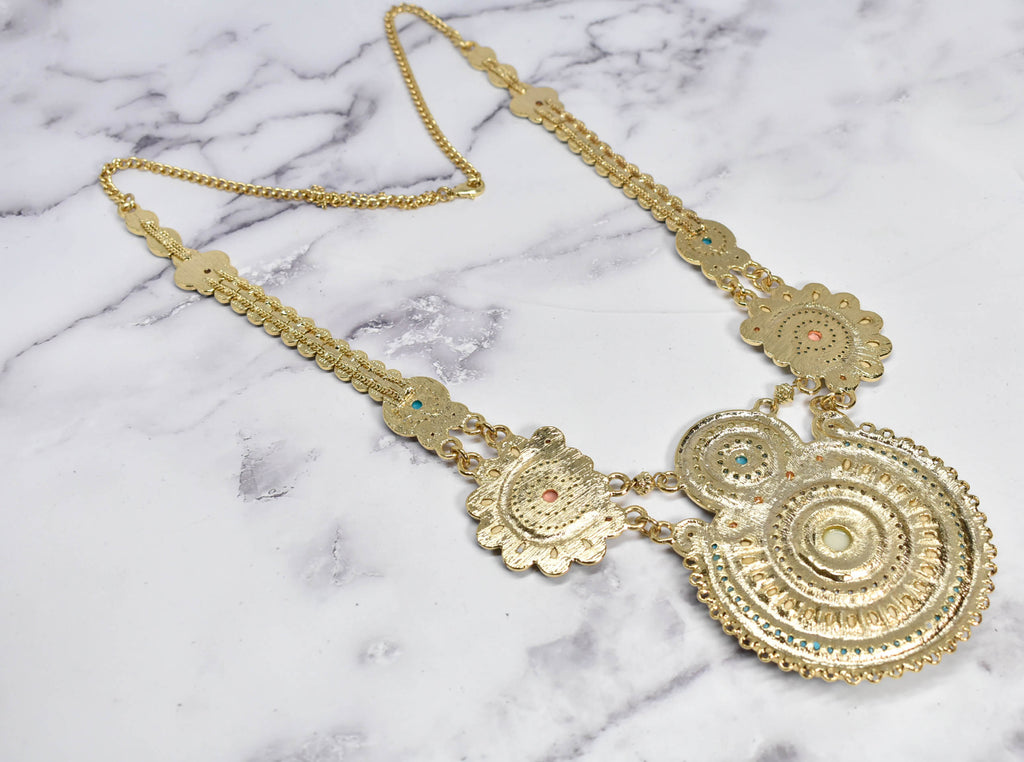 Gold & Teal Beaded Necklace with Pearls