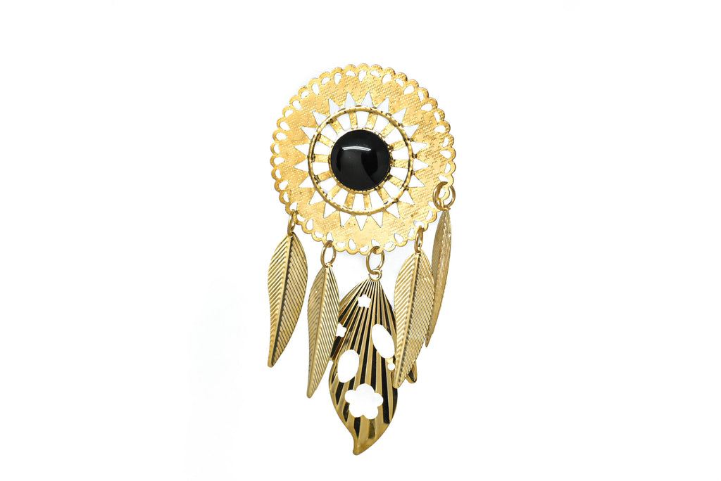 Gold Metal Feather and Leaf Pendant with Marble