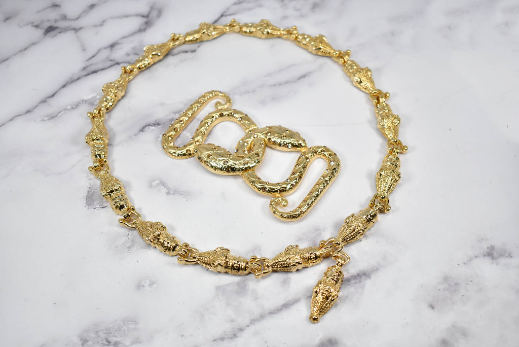 Gold Alligator Head Necklace + Snake Buckle Set