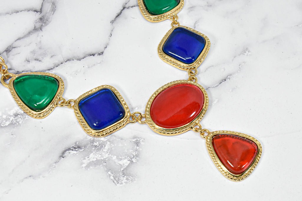 Multi-Color Rhinestone Necklace with Gold Chain