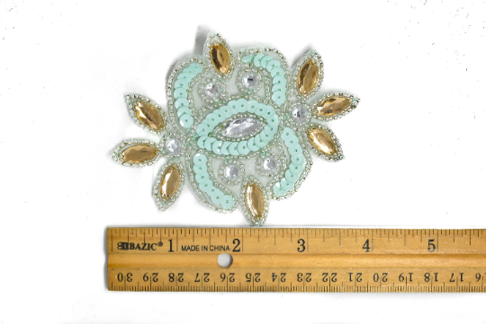 Mint Green and Gold Floral Iron-on Applique with Rhinestone 4" x 3" | Floral Patch Applique - Target Trim
