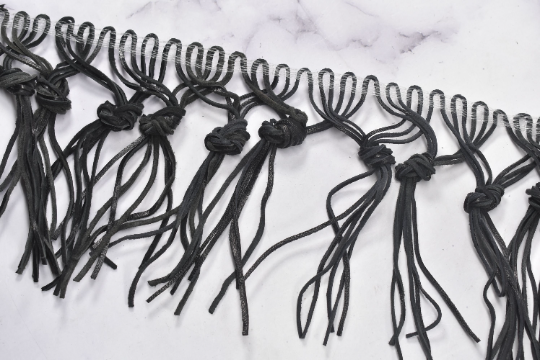 Black Knotted Fringe Trim | Faux Leather Fringe Trim With A Design | Ultra Suede Leather Fringe Trim | 4" Leather Fringe Trim By The Yard