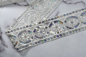 Hologram Sequin Embroidered Trim | White Lace Trim with Multi-Color Sequin Trim by the Yard | High-Quality Trim by the yard | Sequins Trim