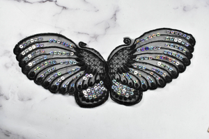Sequin Butterfly Applique | Sew on Butterfly Applique | Hologram Butterfly with Sequin | Butterfly Applique | Black Butterfly 10" x 4.50" | Target Trim