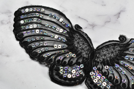 Sequin Butterfly Applique | Sew on Butterfly Applique | Hologram Butterfly with Sequin | Butterfly Applique | Black Butterfly 10" x 4.50" | Target Trim