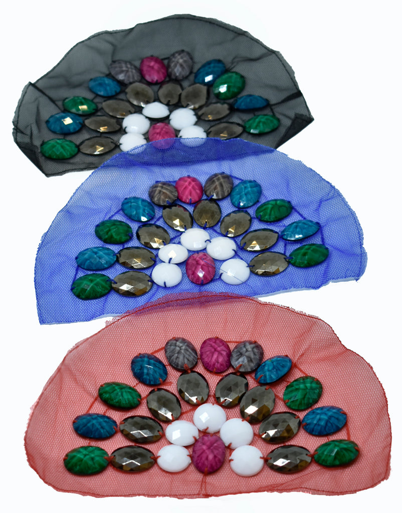 8" x 5.5" Half-dome Medium size applique on Mesh Fabric with Assorted Decorative Plastic Gems