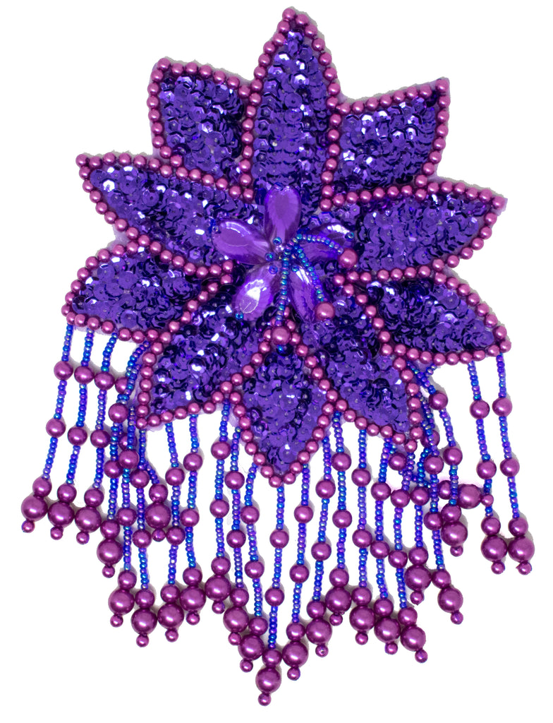 7.3 " x 5" Ten-petaled Flower Beaded Sequins with 5 clustered fringe, Sew-on Applique