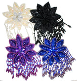 7.3 " x 5" Ten-petaled Flower Beaded Sequins with 5 clustered fringe, Sew-on Applique