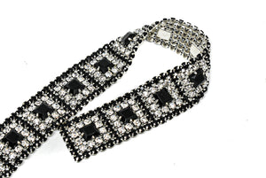 Black/Clear Rhinestone Trim with Silver Cupping 1" - 1 Yard