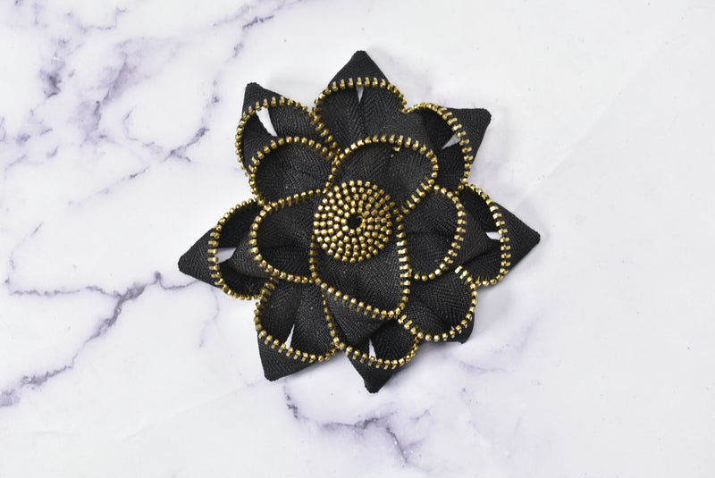 Twill Tape Zipper Flower Applique | Black Flower Patch Applique | Zipper Satin Ribbon Glue on Flower Applique | DIY Fashion I Sew-on Applique