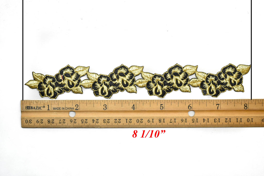 Floral Gold & Black Embroidered Iron-On Patch 8.0" x 1.25"  | Flower Patch Applique - Target Trim