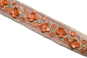 Orange Sequins Beaded Embroidered Floral Indian Trim 1.25" - 1 Yard