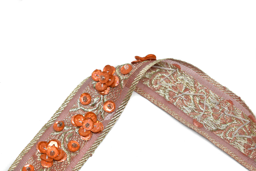 Orange Sequins Beaded Embroidered Floral Indian Trim 1.25" - 1 Yard