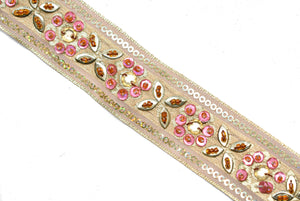 Gold Sequins and Pink Beaded Floral Mesh Trim 1.25"- 1 Yard