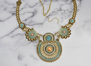 Gold & Teal Beaded Necklace with Pearls