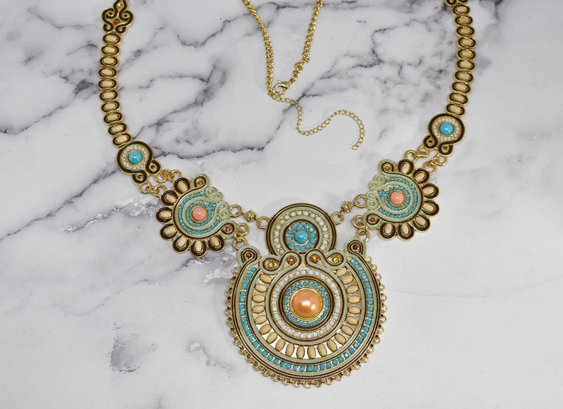 Gold & Teal Beaded Necklace with Pearls
