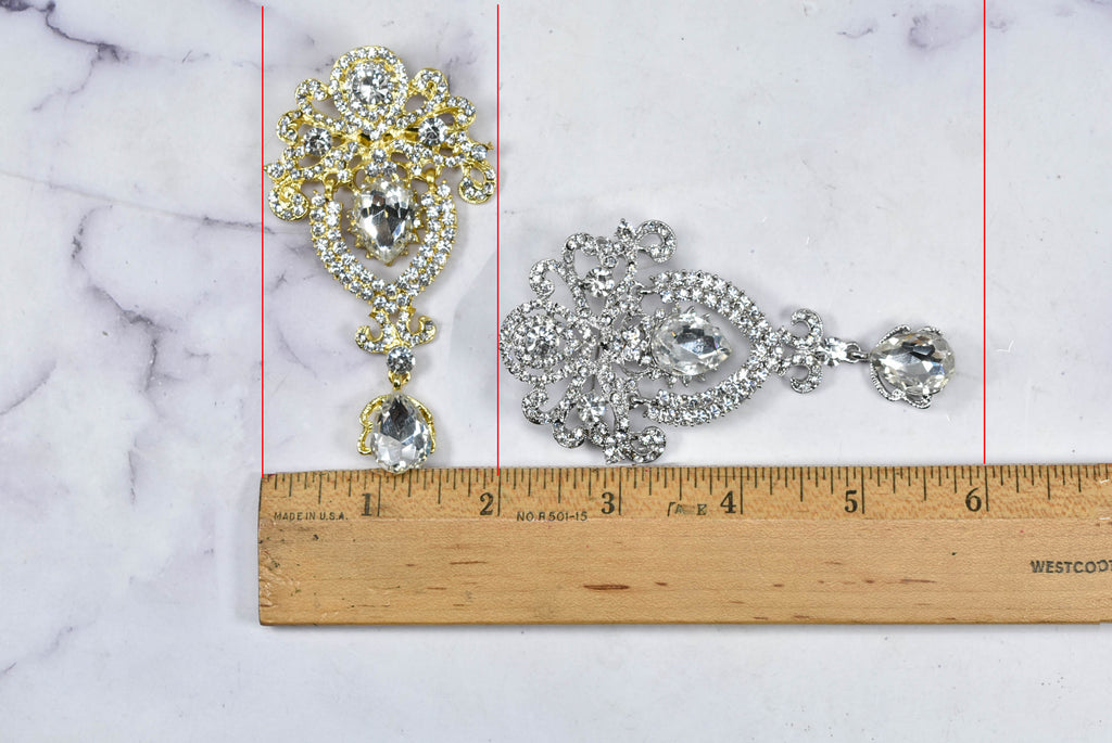 Large Silver Rhinestone Dangling Brooch with Pin | Wedding Bouquet Brooch | Silver Crystal Brooch Target Trim