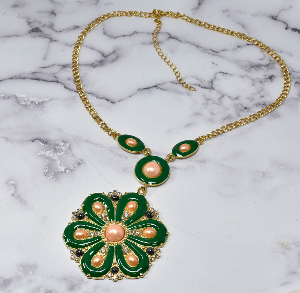 Green Flower Necklace w/ Pearls