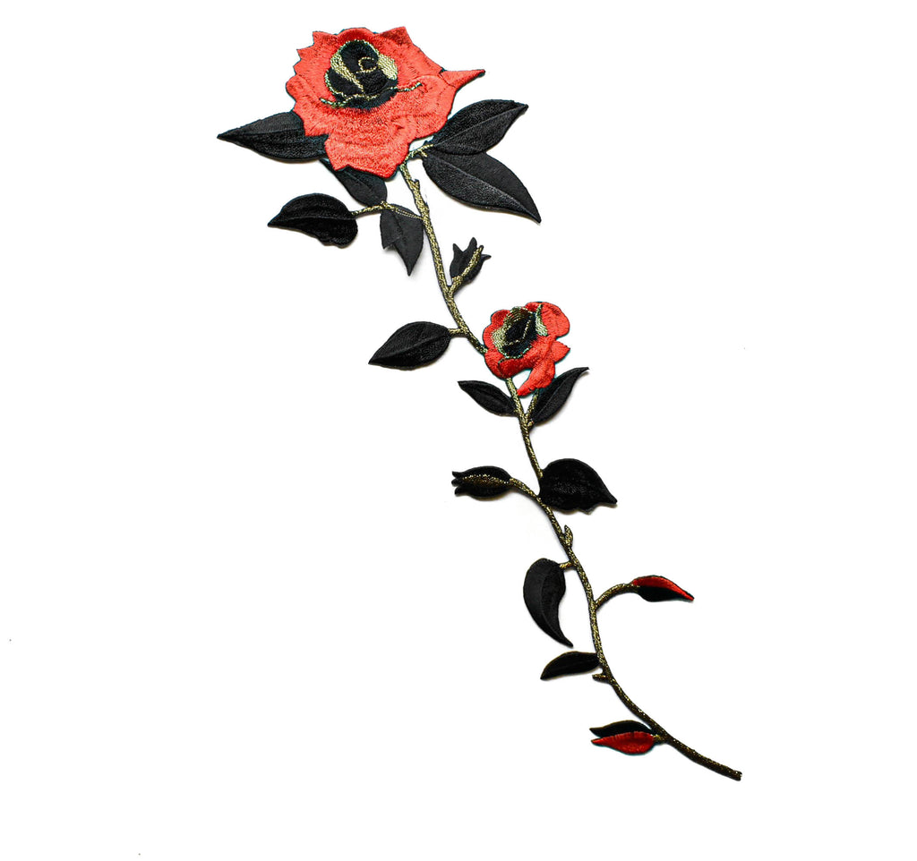 Long Stem Rose Iron-On Applique 11" x 4.50" | Rose Flower Patch Applique - Target Trim
