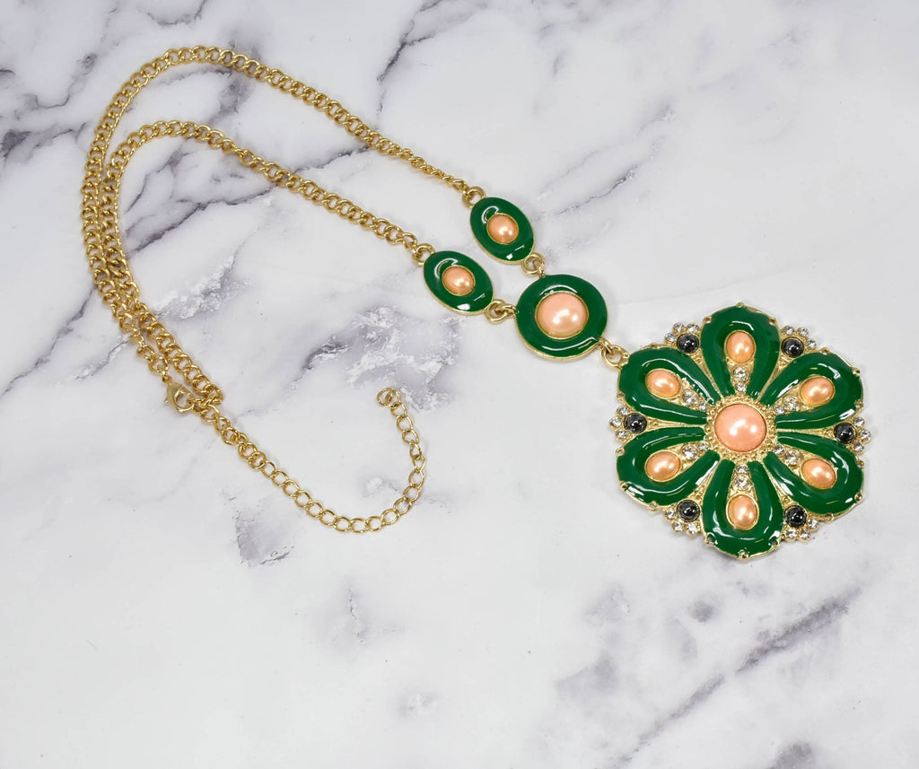 Green Flower Necklace w/ Pearls